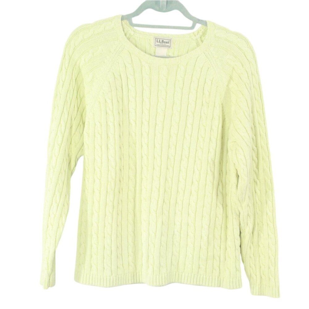 LL Bean Green Cotton Cable Knit Long Sleeves Pullover Crewneck Sweater XL Retro